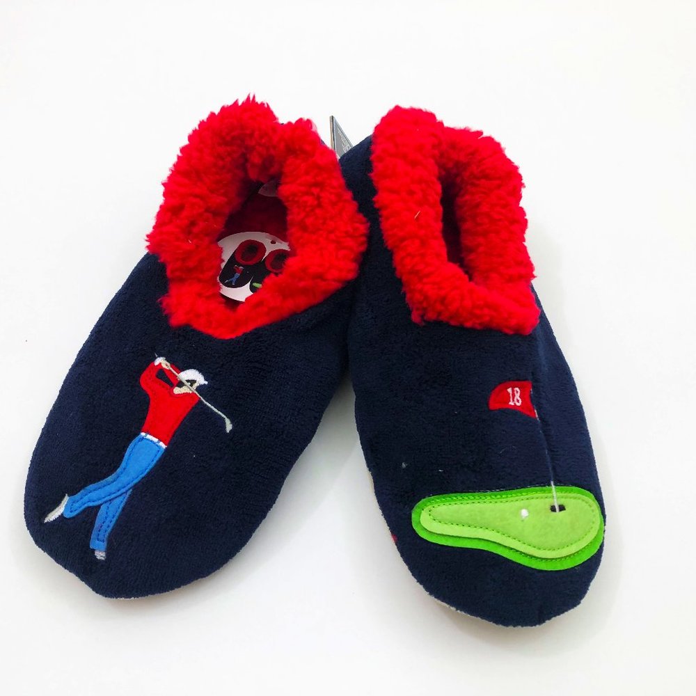 NWT Snoozies Men's Slippers Golf the 18th Hole Small 7/8 Dark Navy Blue